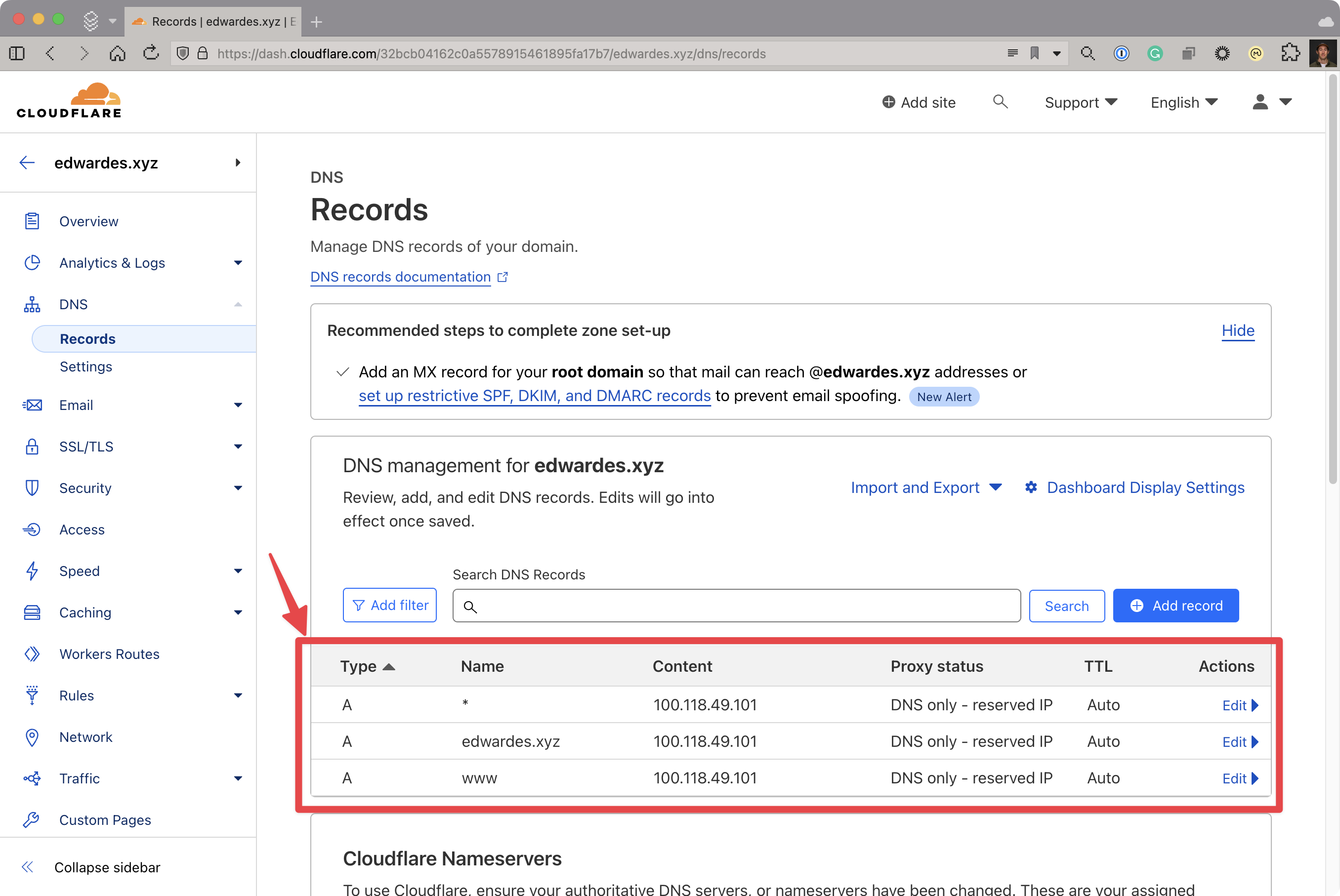 Cloudflare DNS records